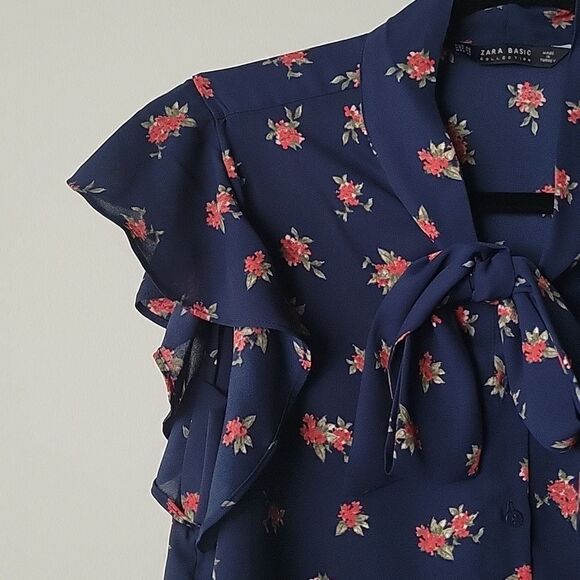 NWT Zara XS Navy Sheer Retro Coquette Neck Tie BOW Ruffle Cottagecore Blouse - Picture 4 of 13